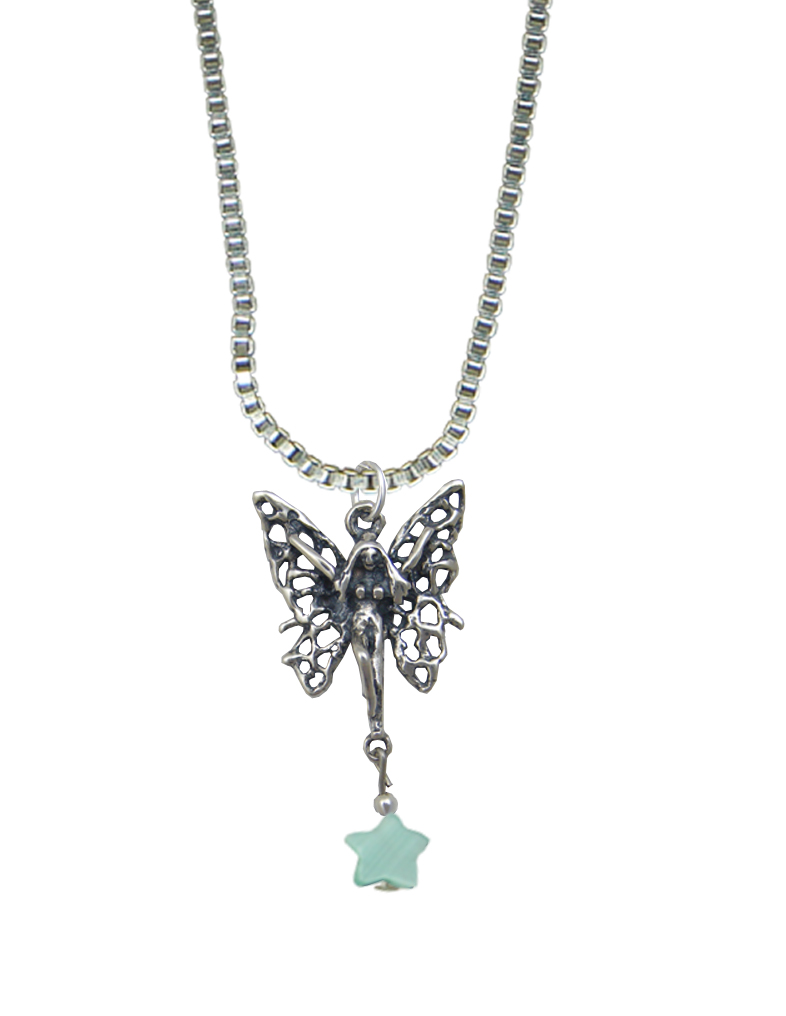 Sterling Silver Filigree Happy Butterfly Fairy Pendant With Lucky Green Star